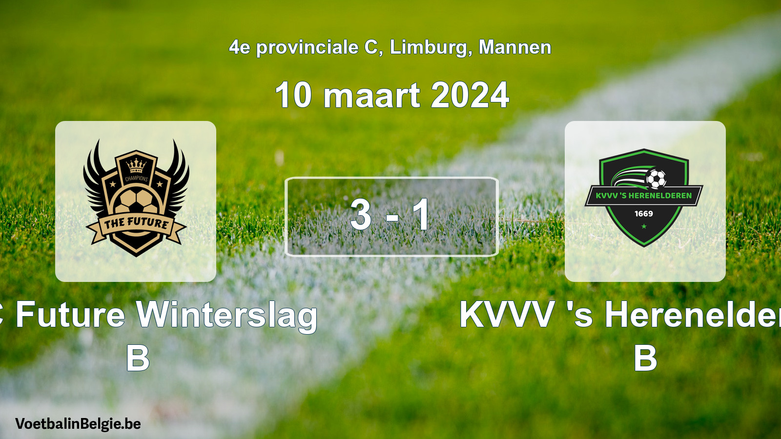 Gespeelde wedstrijd mannenvoetbal: FC Future Winterslag B - KVVV 's Herenelderen B 3 - 1 (10 maart 2024)