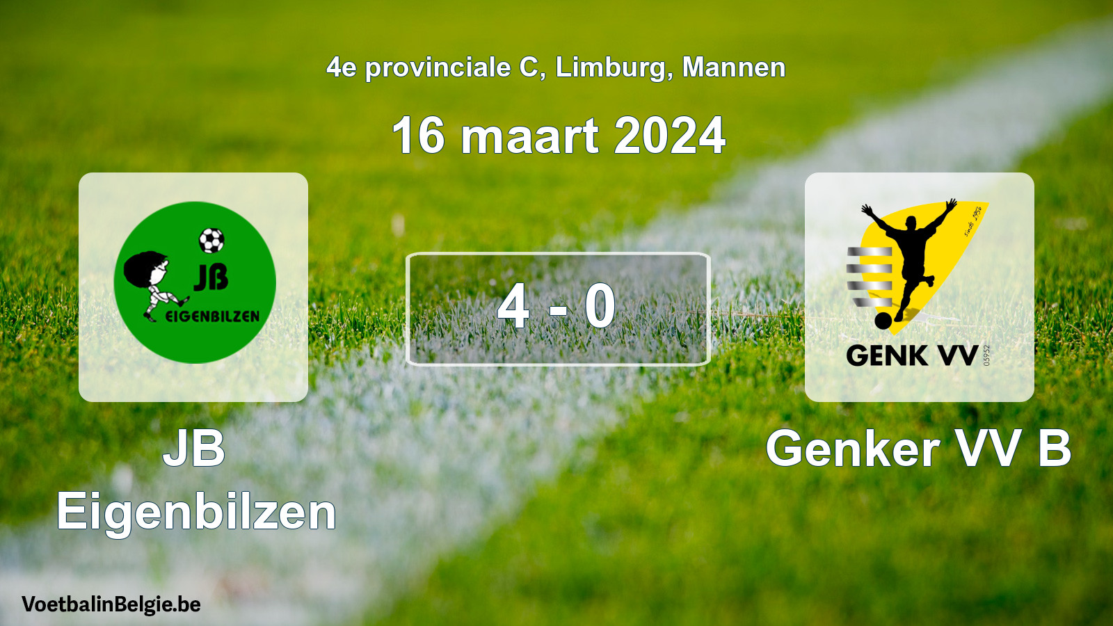 Gespeelde wedstrijd mannenvoetbal: JB Eigenbilzen - Genker VV B 4 - 0 (16 maart 2024)