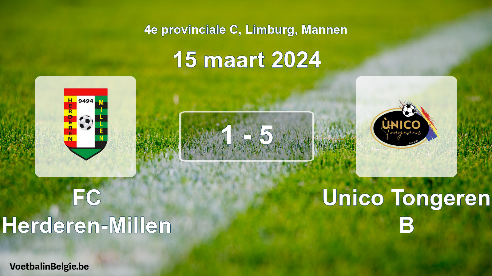 Gespeelde wedstrijd mannenvoetbal: FC Herderen-Millen - Unico Tongeren B 1 - 5 (15 maart 2024)