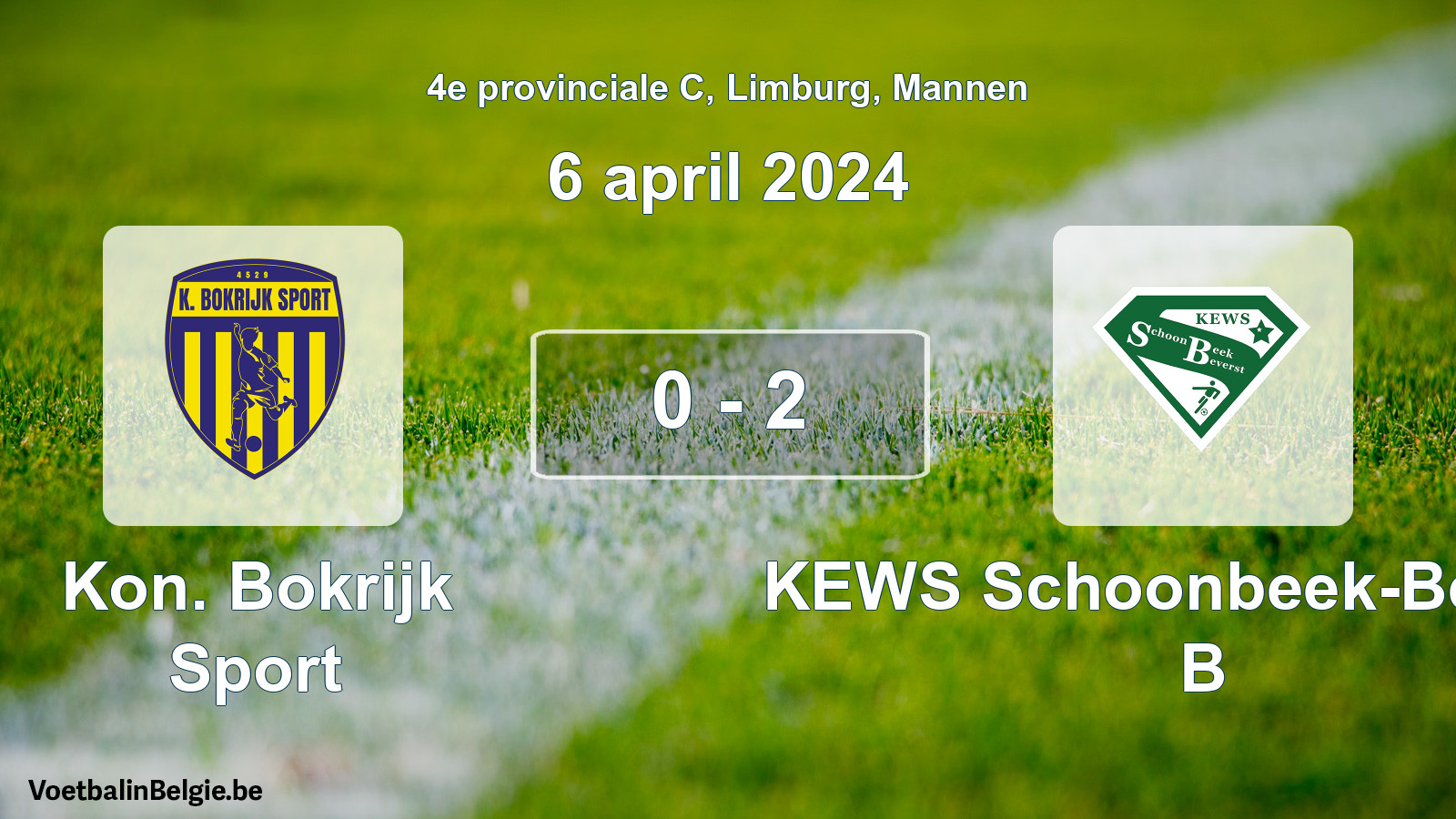 Gespeelde wedstrijd mannenvoetbal: Kon. Bokrijk Sport - KEWS Schoonbeek-Beverst B 0 - 2 (6 april 2024)