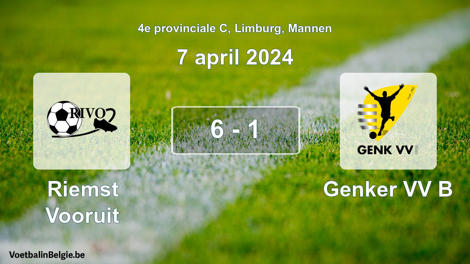 Gespeelde wedstrijd mannenvoetbal: Riemst Vooruit - Genker VV B 6 - 1 (7 april 2024)