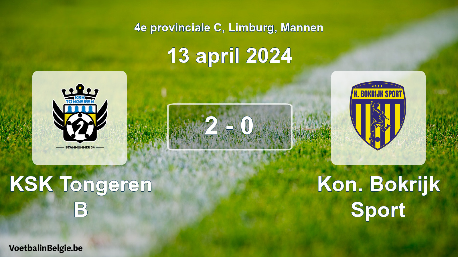 Gespeelde wedstrijd mannenvoetbal: KSK Tongeren B - Kon. Bokrijk Sport 2 - 0 (13 april 2024)
