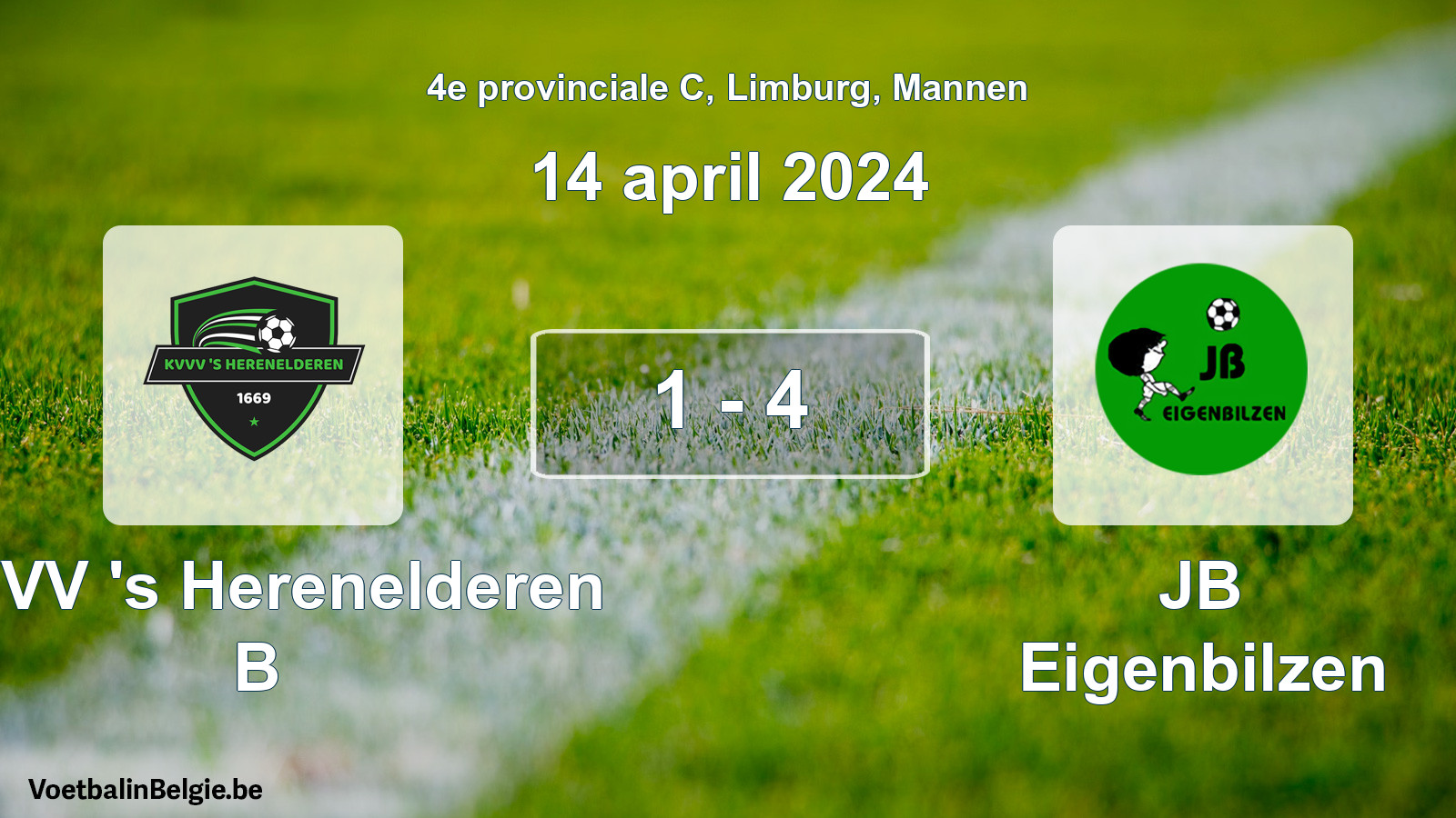 Gespeelde wedstrijd mannenvoetbal: KVVV 's Herenelderen B - JB Eigenbilzen 1 - 4 (14 april 2024)