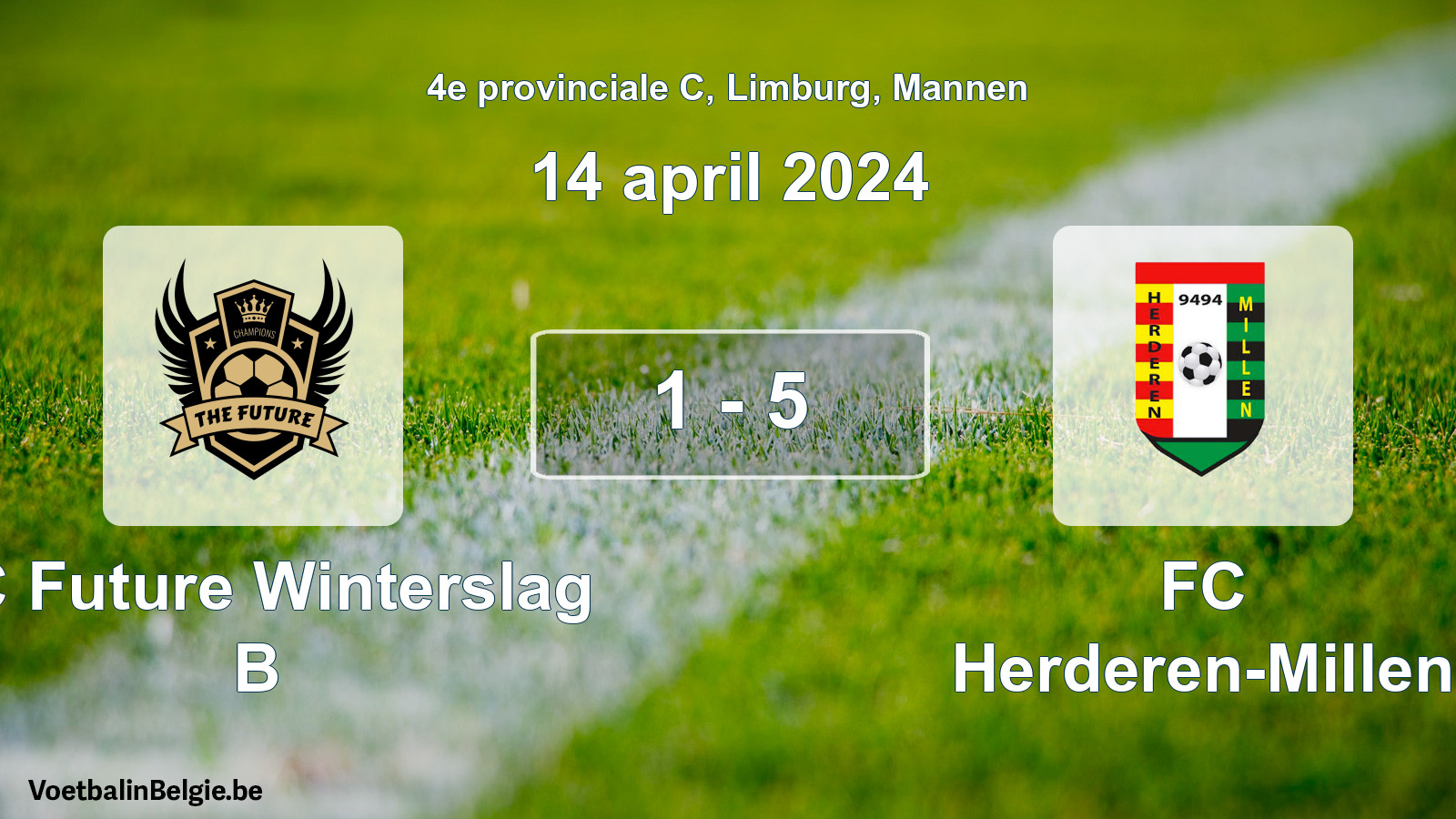 Gespeelde wedstrijd mannenvoetbal: FC Future Winterslag B - FC Herderen-Millen 1 - 5 (14 april 2024)