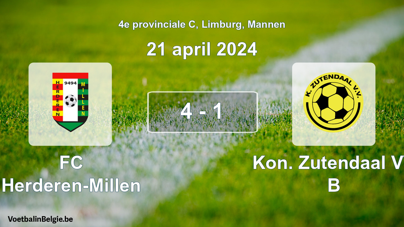 Gespeelde wedstrijd mannenvoetbal: FC Herderen-Millen - Kon. Zutendaal VV B 4 - 1 (21 april 2024)