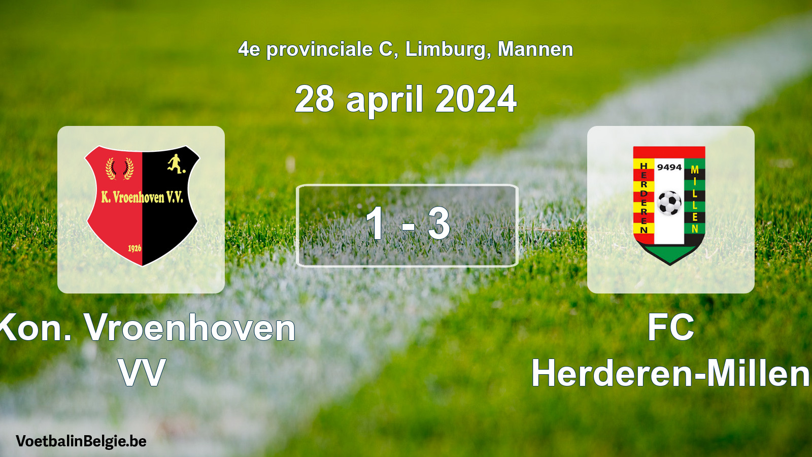 Gespeelde wedstrijd mannenvoetbal: Kon. Vroenhoven VV - FC Herderen-Millen 1 - 3 (28 april 2024)