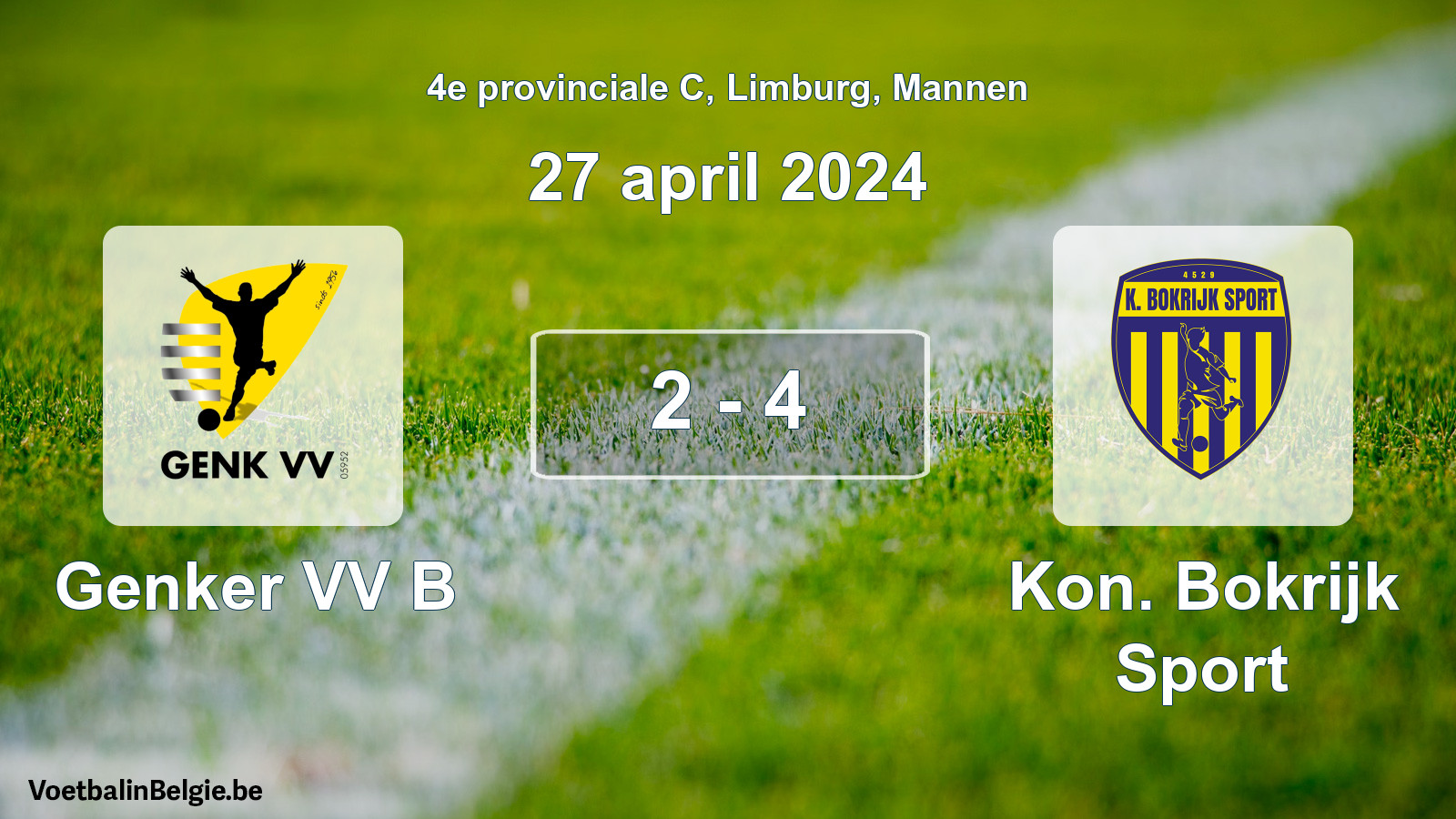Gespeelde wedstrijd mannenvoetbal: Genker VV B - Kon. Bokrijk Sport 2 - 4 (27 april 2024)