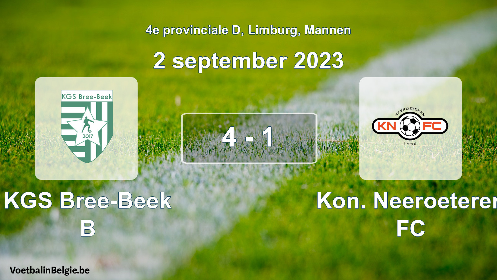 Gespeelde wedstrijd mannenvoetbal: KGS Bree-Beek B - Kon. Neeroeteren FC 4 - 1 (2 september 2023)