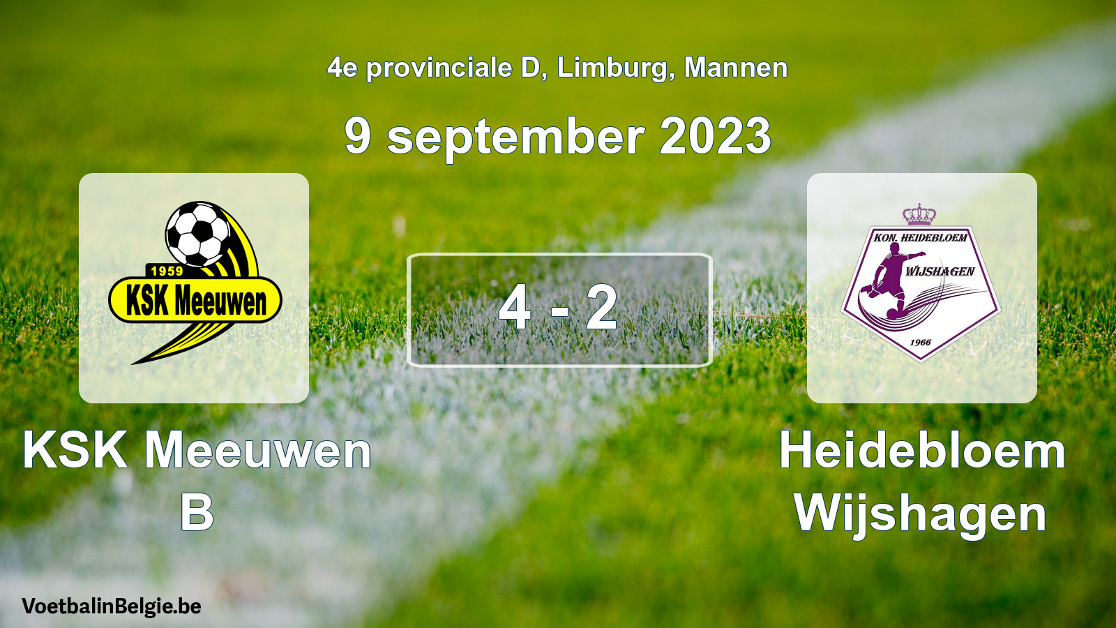 Gespeelde wedstrijd mannenvoetbal: KSK Meeuwen B - Heidebloem Wijshagen 4 - 2 (9 september 2023)