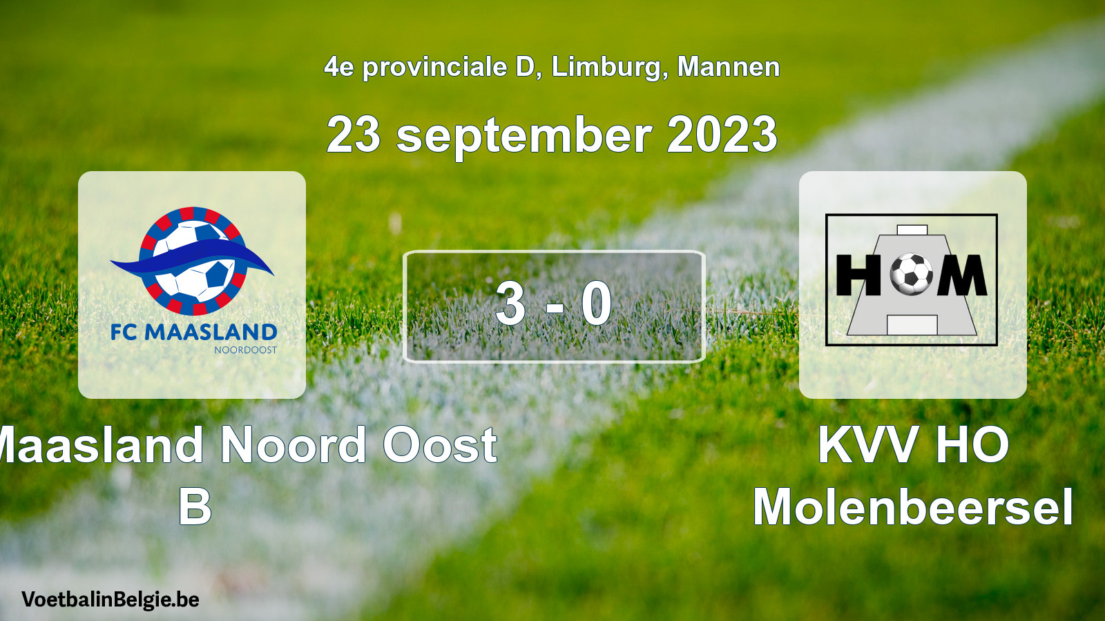 Gespeelde wedstrijd mannenvoetbal: FC Maasland Noord Oost B - KVV HO Molenbeersel 3 - 0 (23 september 2023)