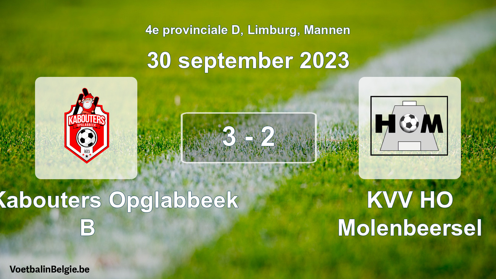 Gespeelde wedstrijd mannenvoetbal: KFC Kabouters Opglabbeek B - KVV HO Molenbeersel 3 - 2 (30 september 2023)