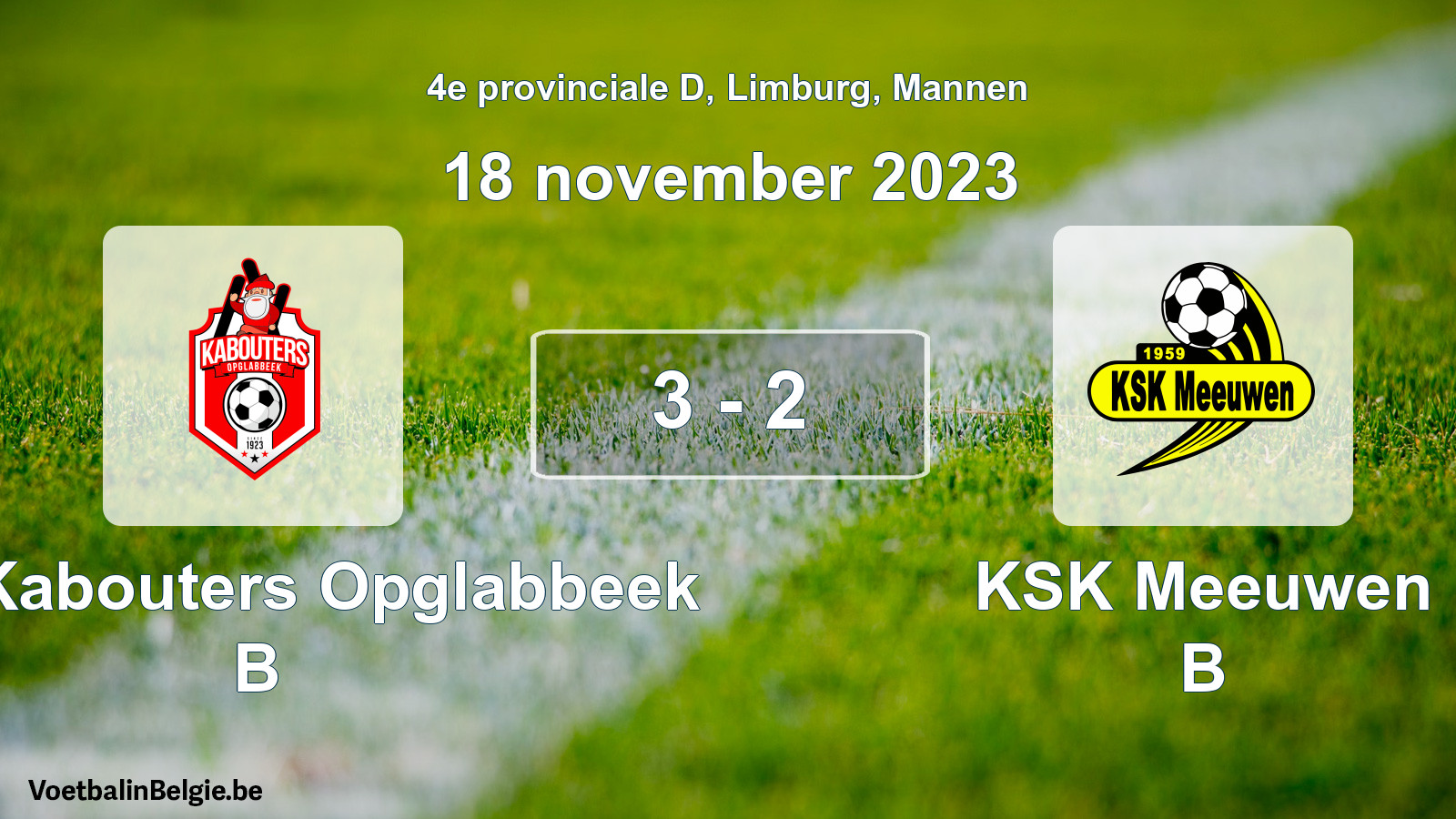 Gespeelde wedstrijd mannenvoetbal: KFC Kabouters Opglabbeek B - KSK Meeuwen B 3 - 2 (18 november 2023)