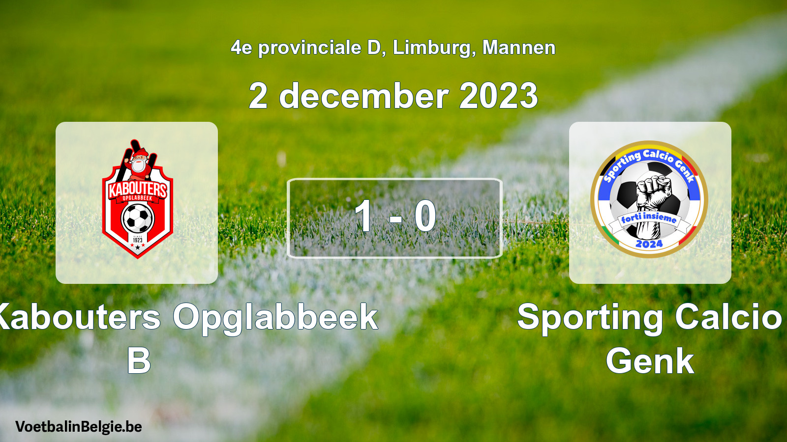 Gespeelde wedstrijd mannenvoetbal: KFC Kabouters Opglabbeek B - Sporting Calcio Genk 1 - 0 (2 december 2023)