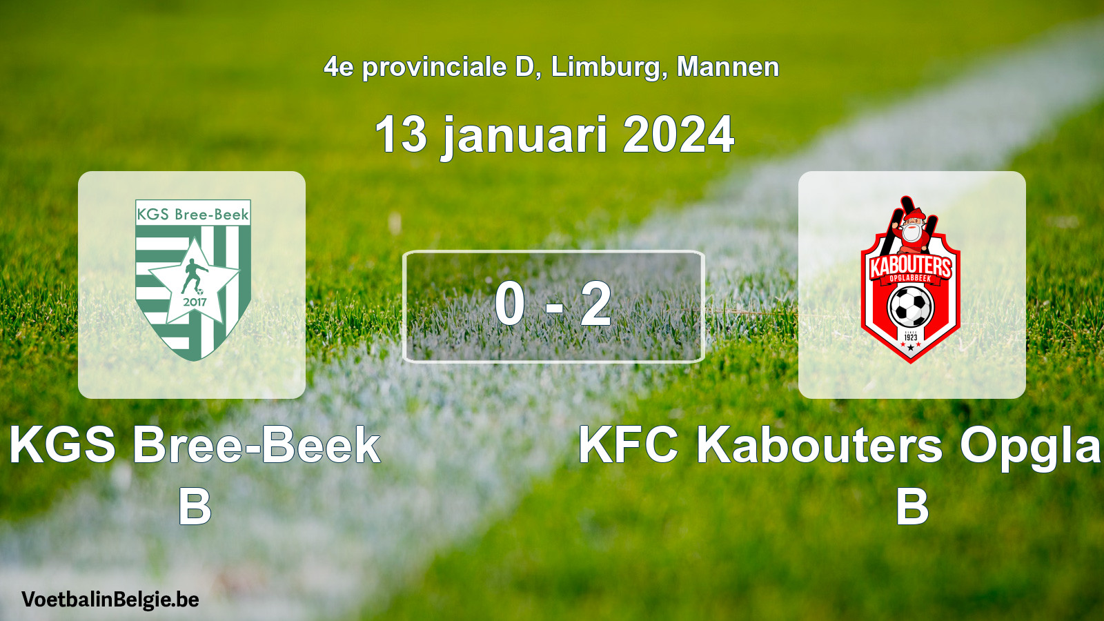 Gespeelde wedstrijd mannenvoetbal: KGS Bree-Beek B - KFC Kabouters Opglabbeek B 0 - 2 (13 januari 2024)