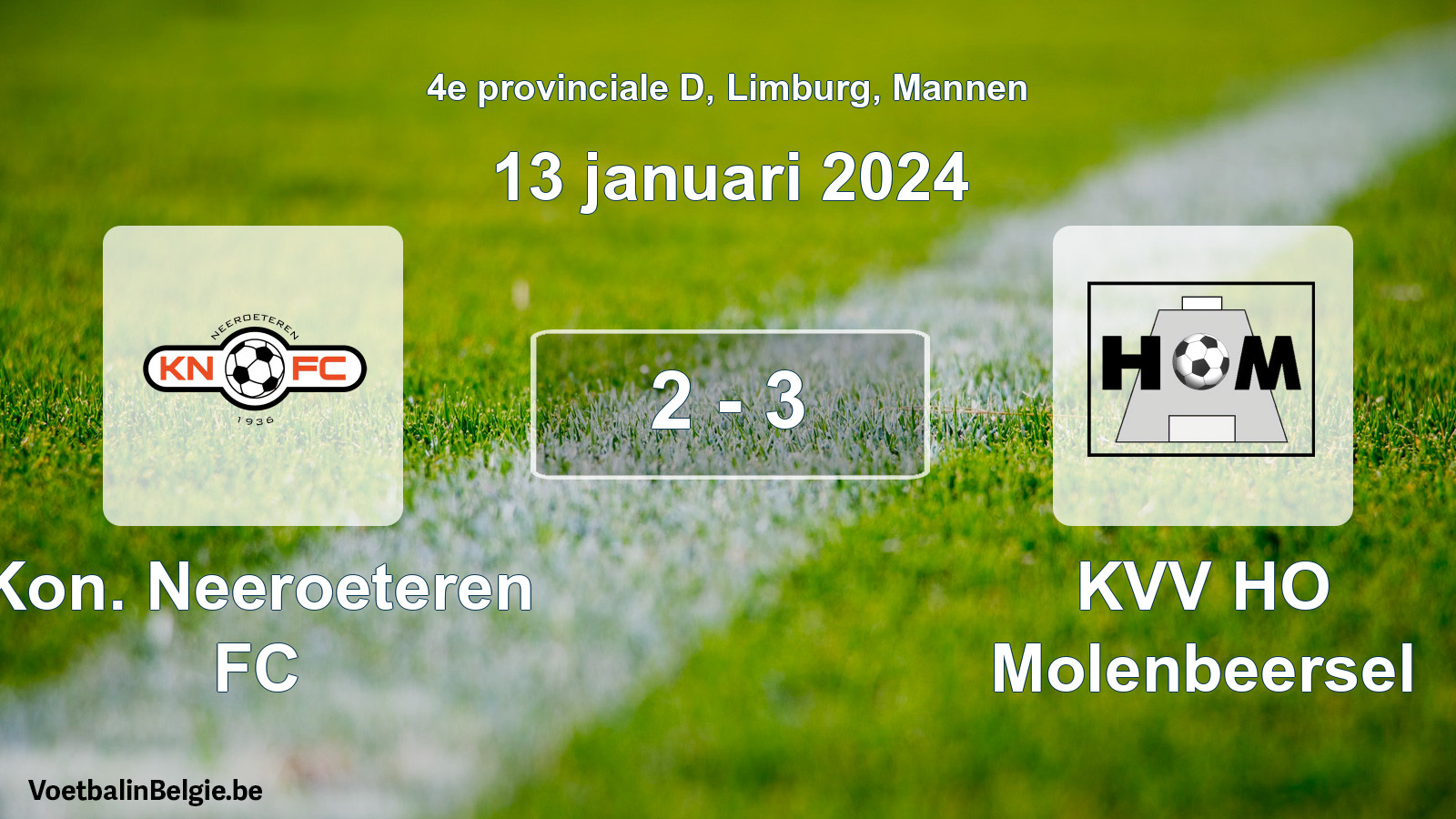 Gespeelde wedstrijd mannenvoetbal: Kon. Neeroeteren FC - KVV HO Molenbeersel 2 - 3 (13 januari 2024)