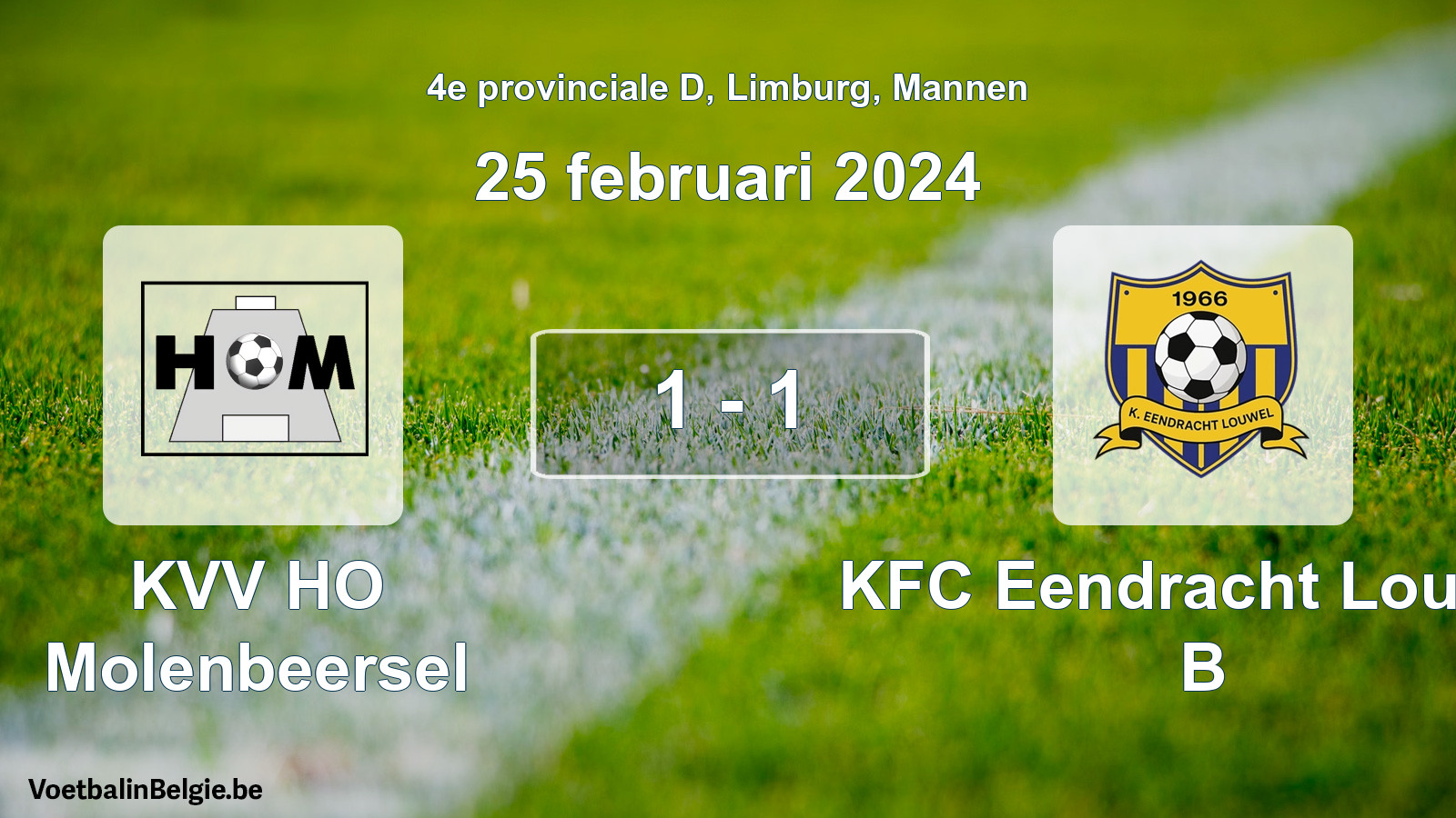 Gespeelde wedstrijd mannenvoetbal: KVV HO Molenbeersel - KFC Eendracht Louwel B 1 - 1 (25 februari 2024)