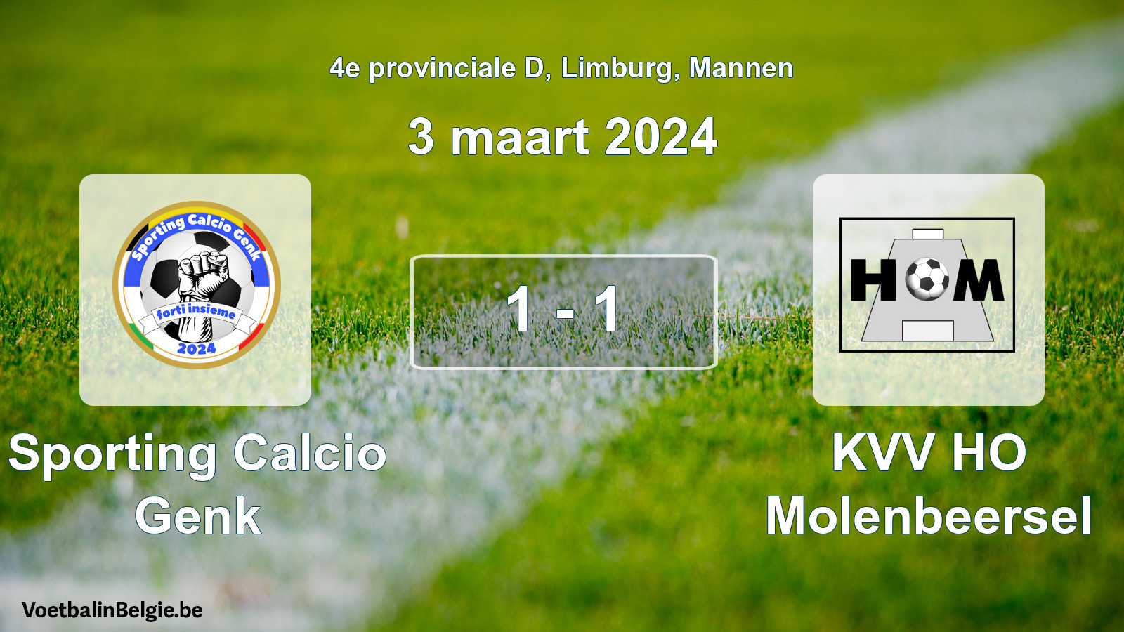 Gespeelde wedstrijd mannenvoetbal: Sporting Calcio Genk - KVV HO Molenbeersel 1 - 1 (3 maart 2024)