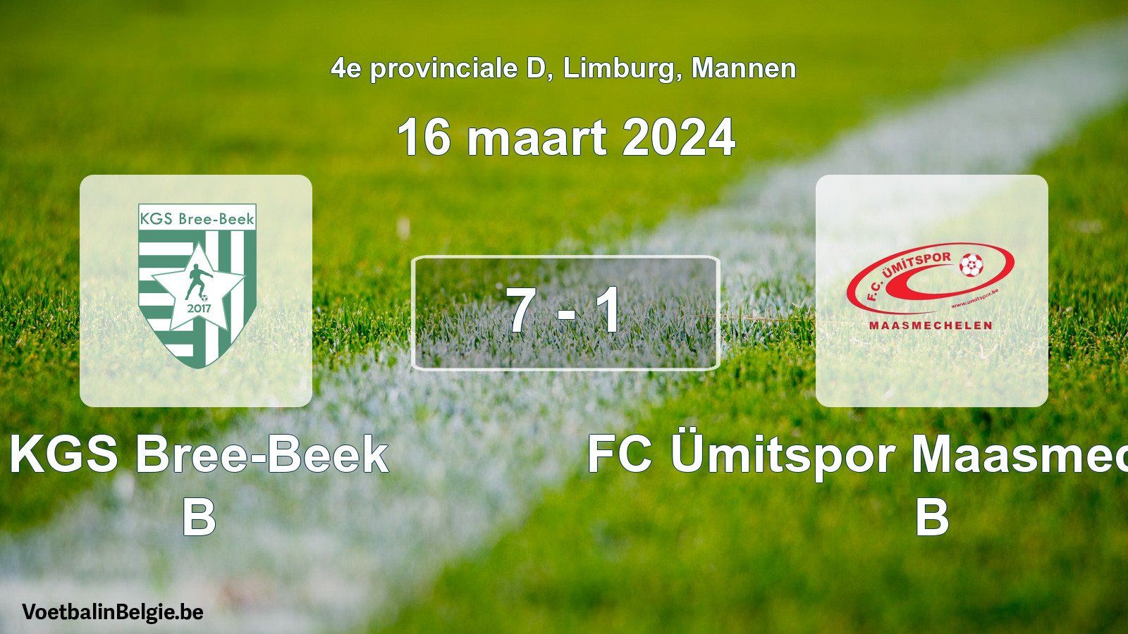 Gespeelde wedstrijd mannenvoetbal: KGS Bree-Beek B - FC Ümitspor Maasmechelen B 7 - 1 (16 maart 2024)