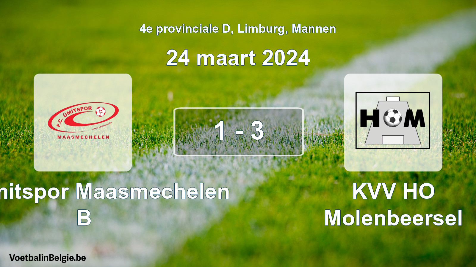 Gespeelde wedstrijd mannenvoetbal: FC Ümitspor Maasmechelen B - KVV HO Molenbeersel 1 - 3 (24 maart 2024)