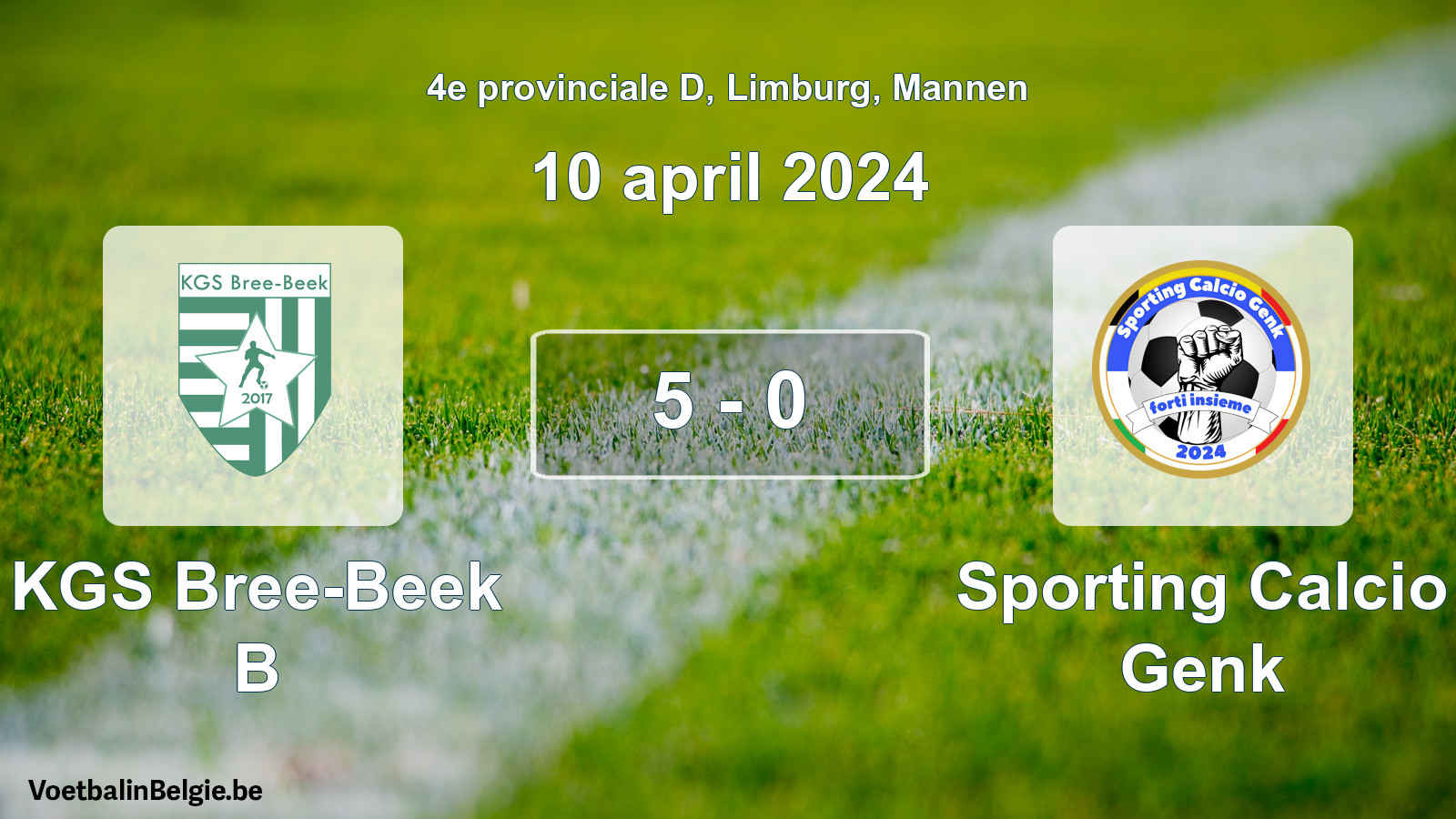 Gespeelde wedstrijd mannenvoetbal: KGS Bree-Beek B - Sporting Calcio Genk 5 - 0 (10 april 2024)