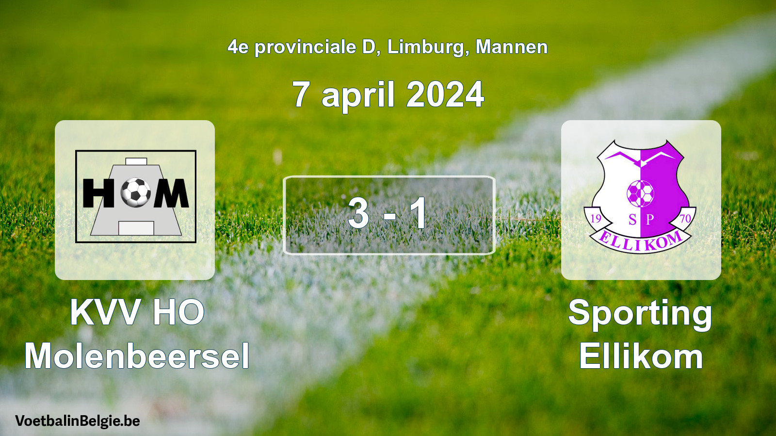 Gespeelde wedstrijd mannenvoetbal: KVV HO Molenbeersel - Sporting Ellikom 3 - 1 (7 april 2024)