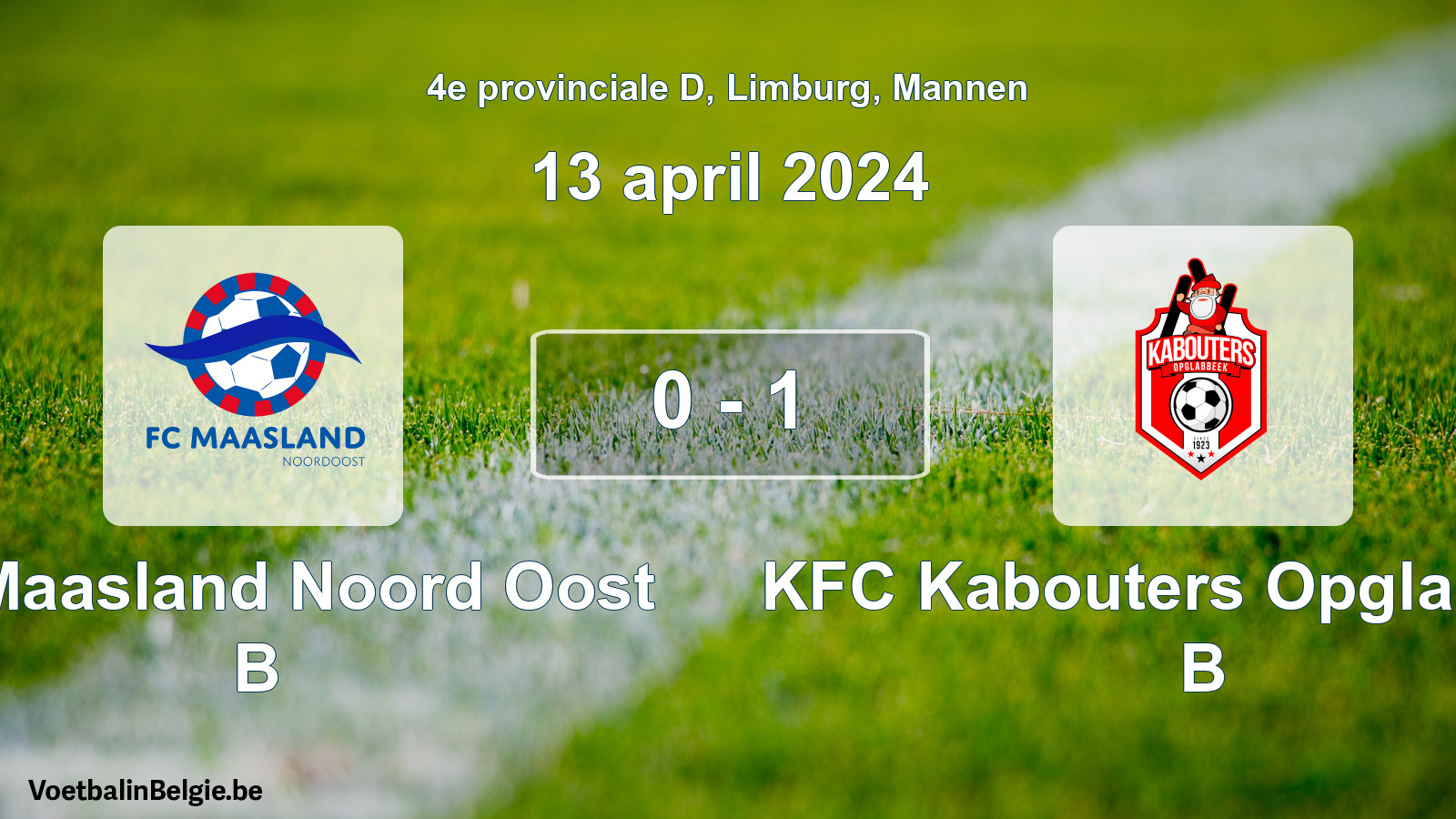 Gespeelde wedstrijd mannenvoetbal: FC Maasland Noord Oost B - KFC Kabouters Opglabbeek B 0 - 1 (13 april 2024)