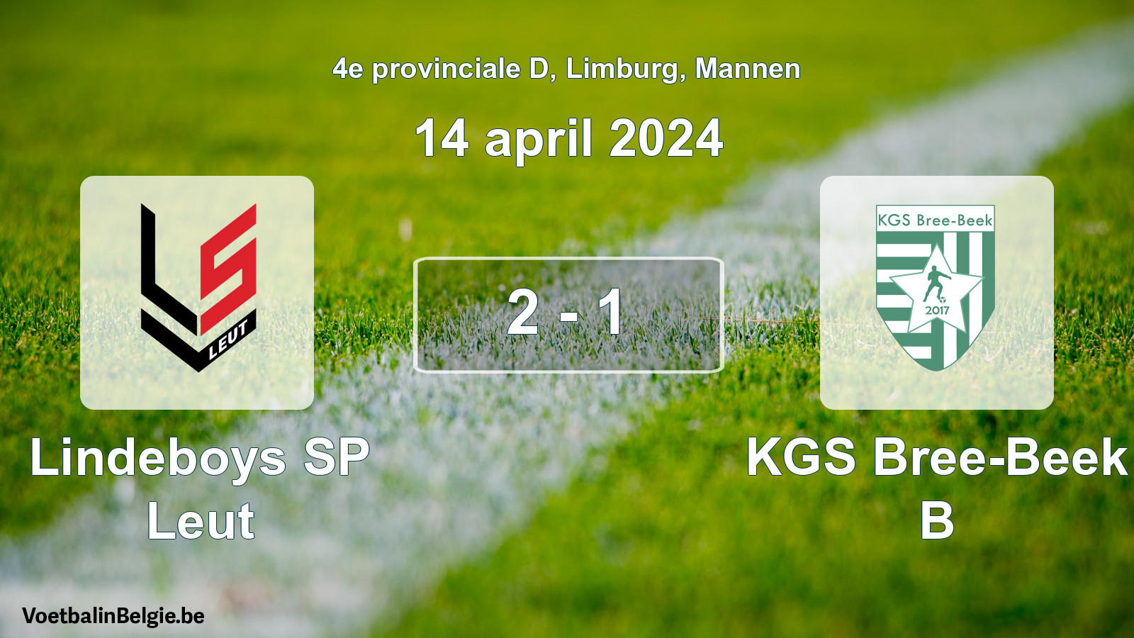 Gespeelde wedstrijd mannenvoetbal: Lindeboys SP Leut - KGS Bree-Beek B 2 - 1 (14 april 2024)