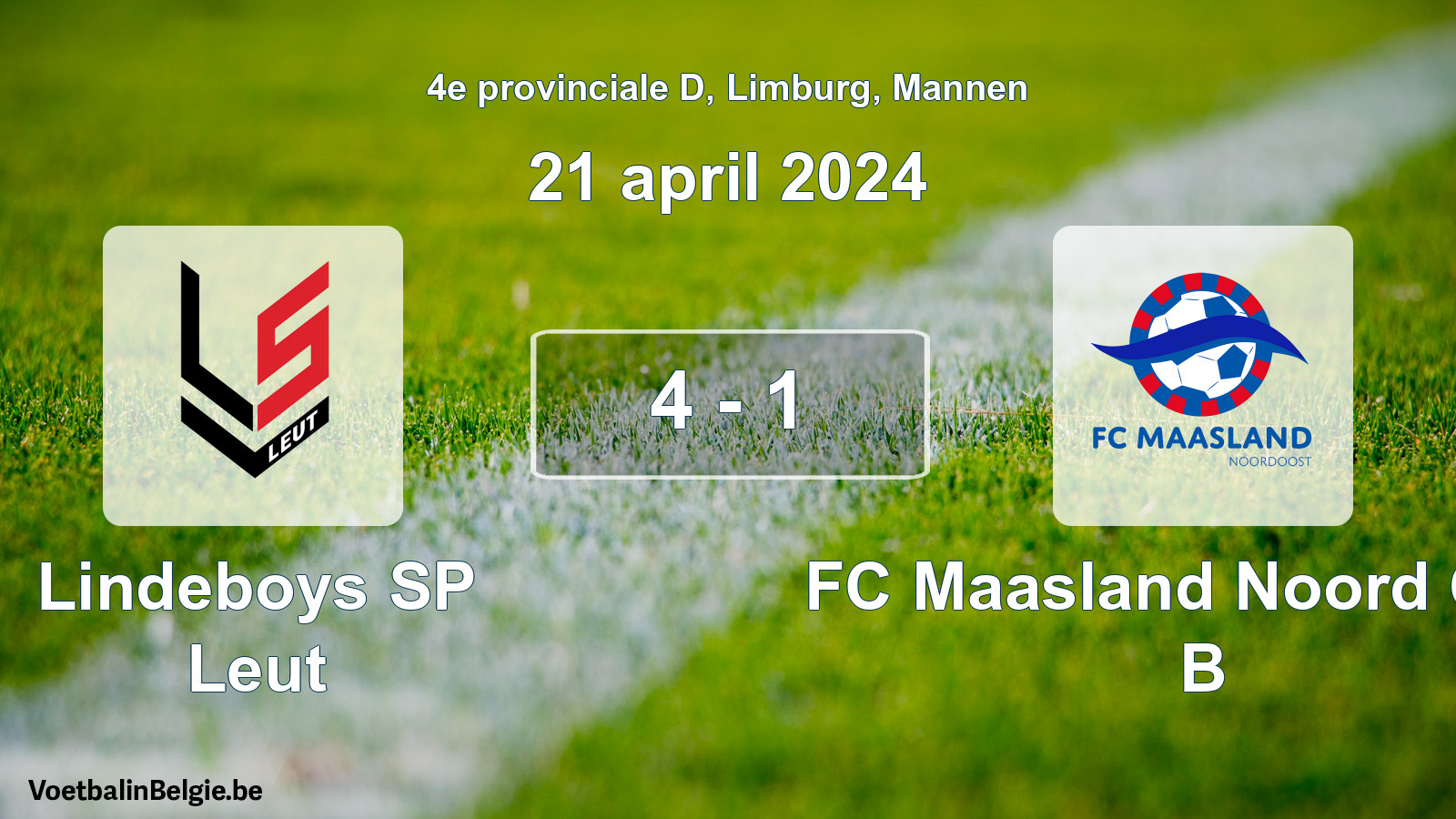 Gespeelde wedstrijd mannenvoetbal: Lindeboys SP Leut - FC Maasland Noord Oost B 4 - 1 (21 april 2024)