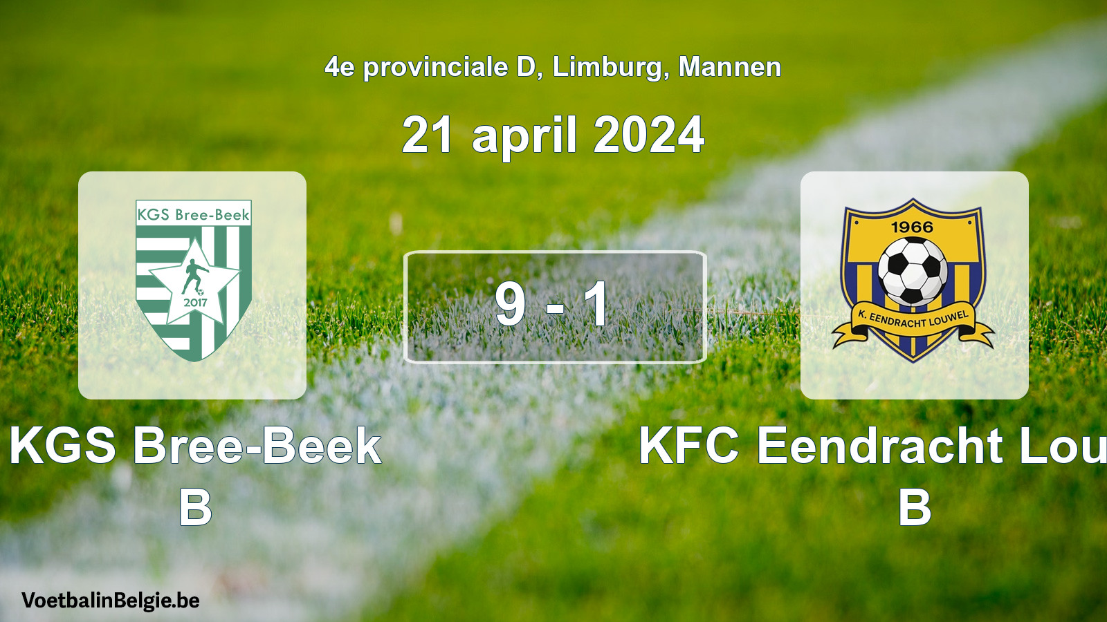 Gespeelde wedstrijd mannenvoetbal: KGS Bree-Beek B - KFC Eendracht Louwel B 9 - 1 (21 april 2024)