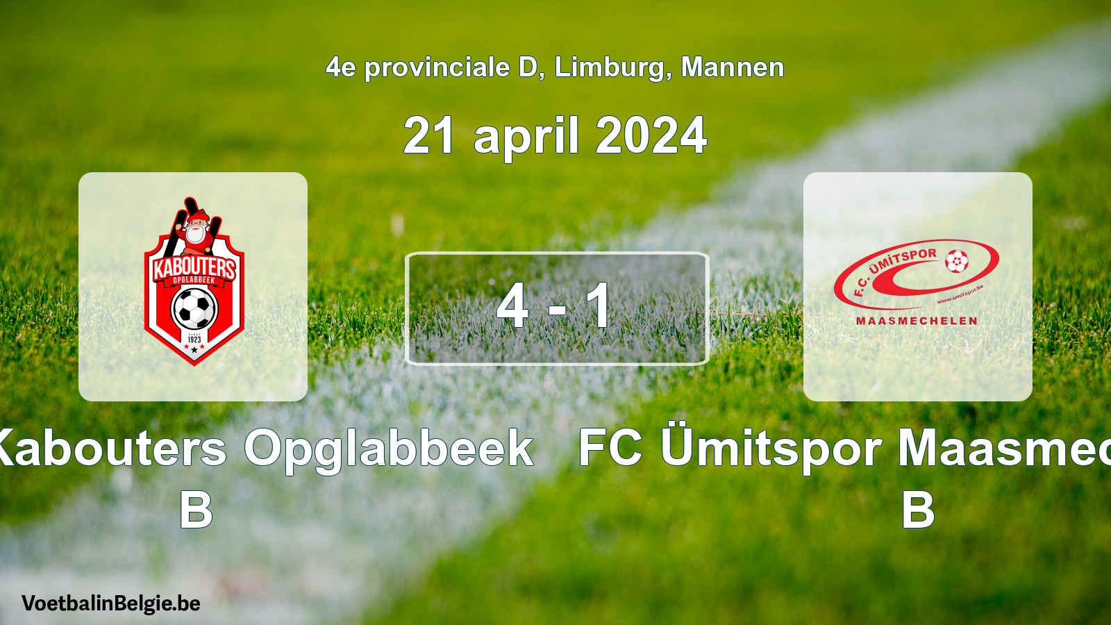 Gespeelde wedstrijd mannenvoetbal: KFC Kabouters Opglabbeek B - FC Ümitspor Maasmechelen B 4 - 1 (21 april 2024)