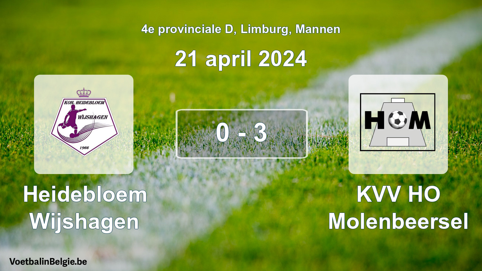 Gespeelde wedstrijd mannenvoetbal: Heidebloem Wijshagen - KVV HO Molenbeersel 0 - 3 (21 april 2024)