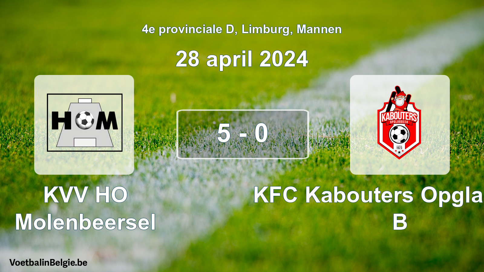 Gespeelde wedstrijd mannenvoetbal: KVV HO Molenbeersel - KFC Kabouters Opglabbeek B 5 - 0 (28 april 2024)