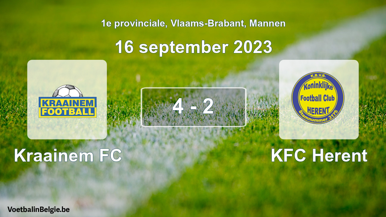 Gespeelde wedstrijd mannenvoetbal: Kraainem FC - KFC Herent 4 - 2 (16 september 2023)