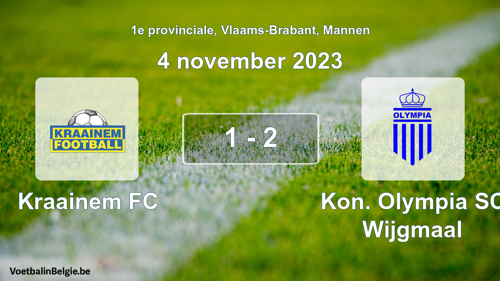 Gespeelde wedstrijd mannenvoetbal: Kraainem FC - Kon. Olympia SC Wijgmaal 1 - 2 (4 november 2023)