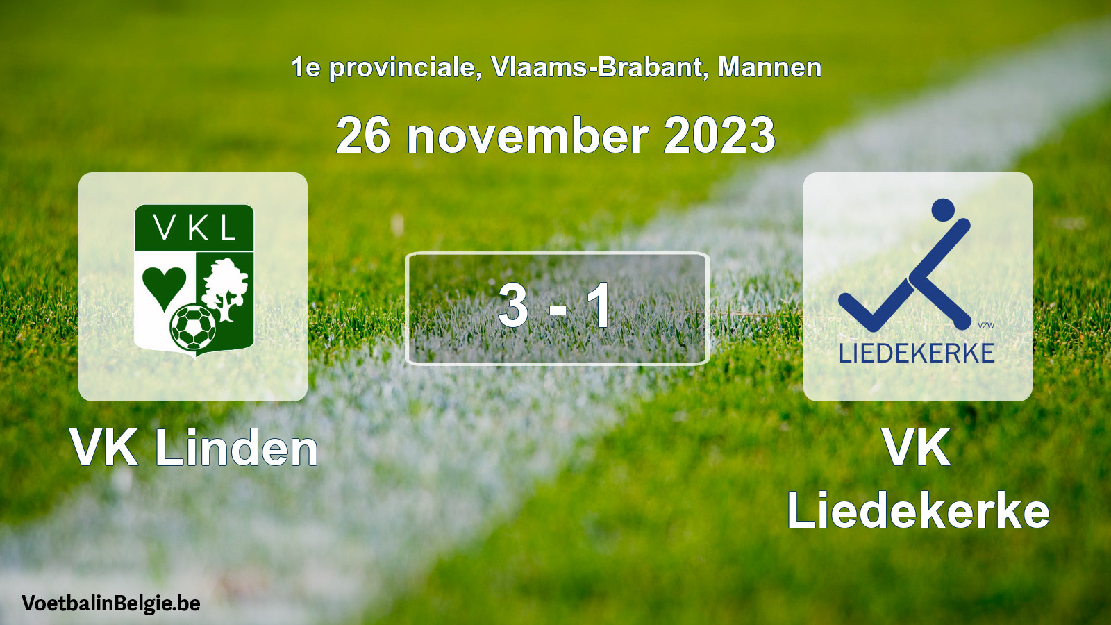 Gespeelde wedstrijd mannenvoetbal: VK Linden - VK Liedekerke 3 - 1 (26 november 2023)