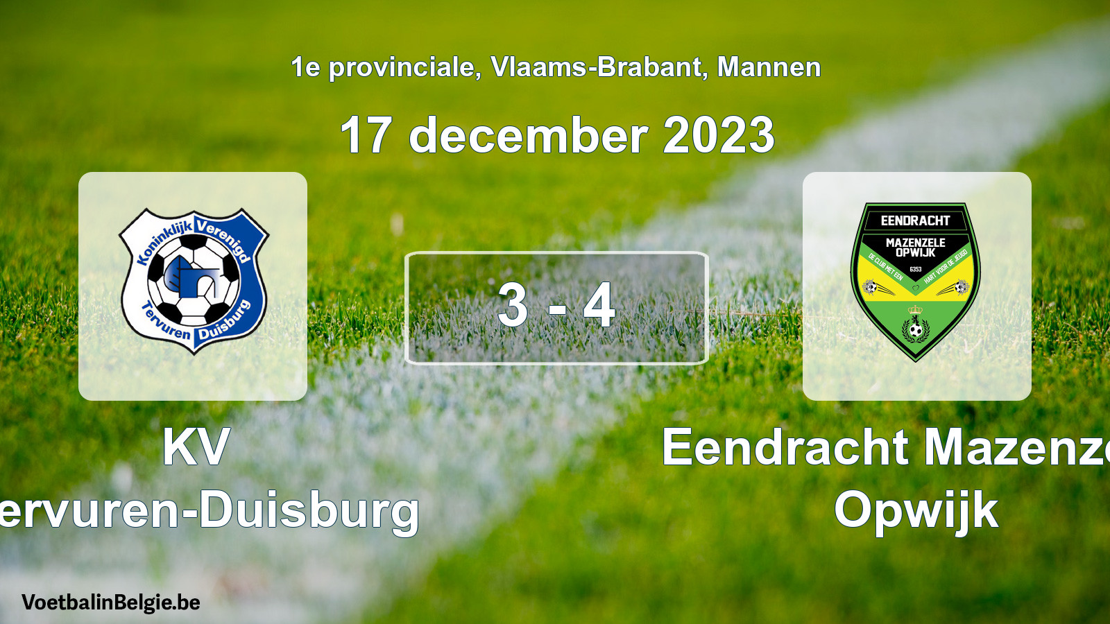 Gespeelde wedstrijd mannenvoetbal: KV Tervuren-Duisburg - Eendracht Mazenzele Opwijk 3 - 4 (17 december 2023)