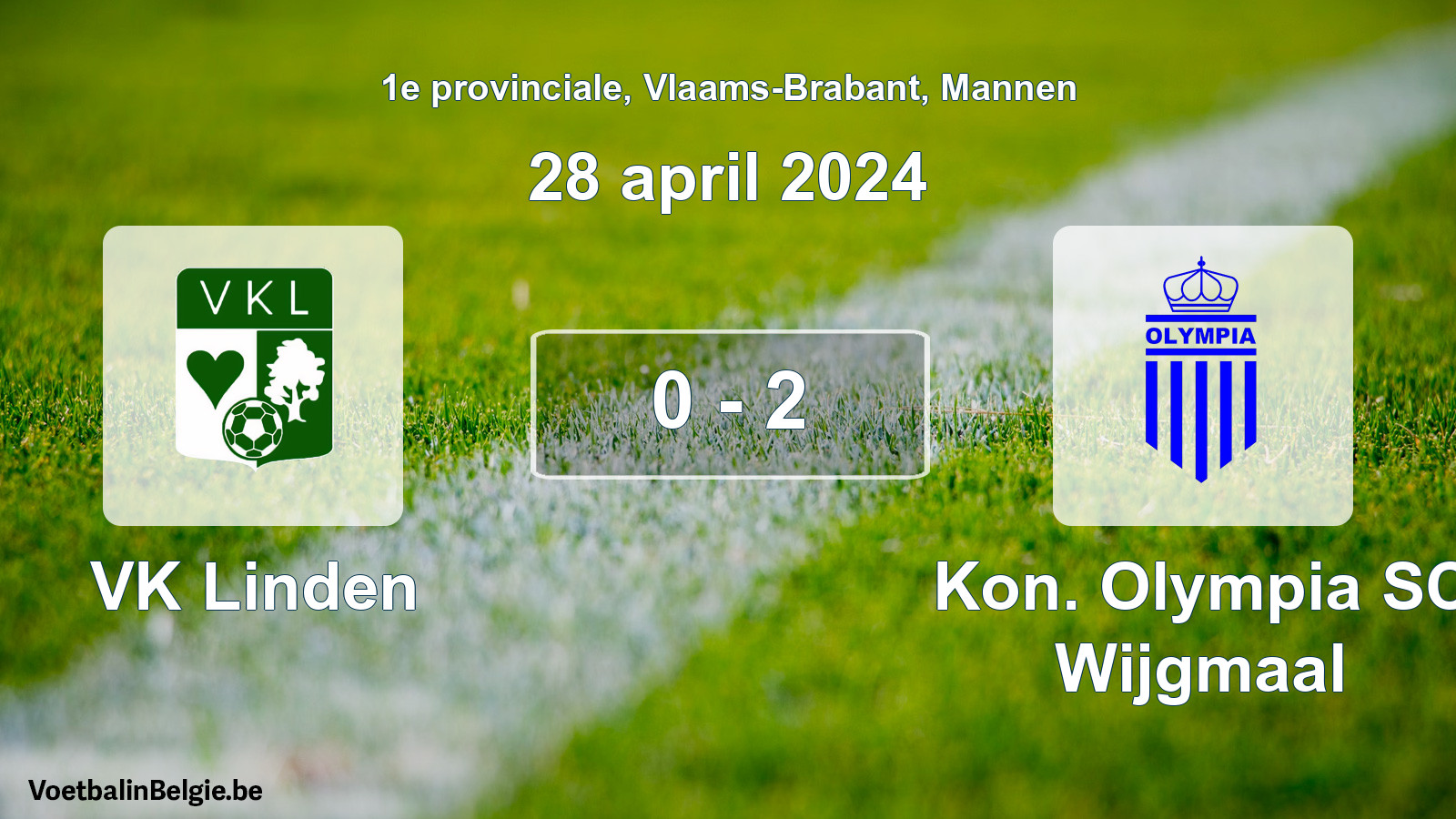 Gespeelde wedstrijd mannenvoetbal: VK Linden - Kon. Olympia SC Wijgmaal 0 - 2 (28 april 2024)