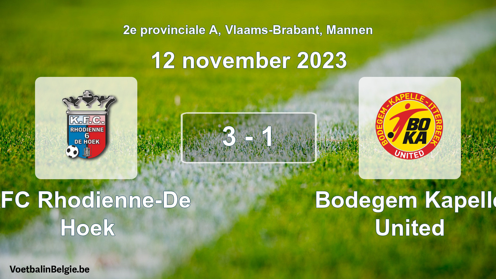 Gespeelde wedstrijd mannenvoetbal: KFC Rhodienne-De Hoek - Bodegem Kapelle United 3 - 1 (12 november 2023)