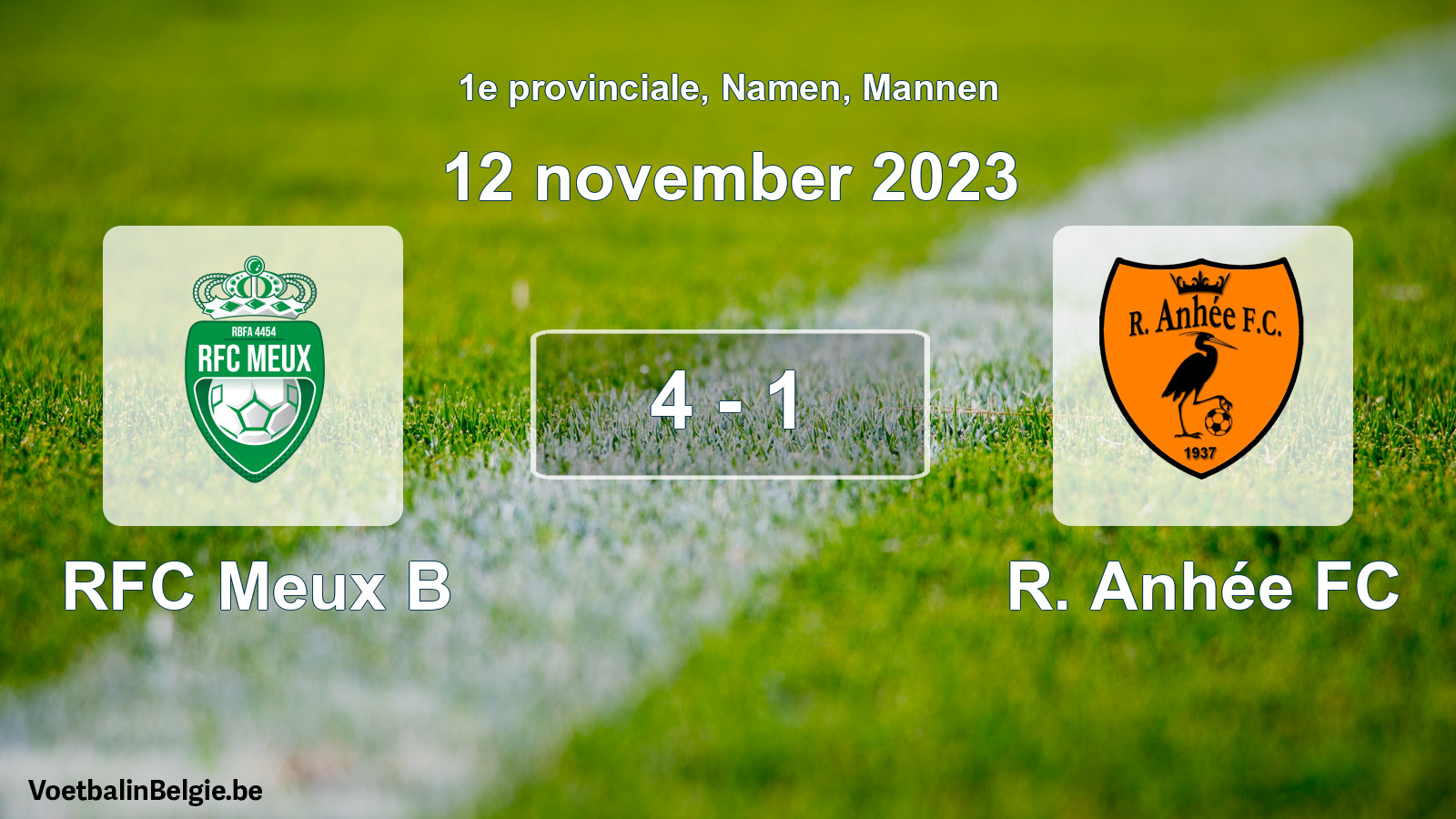 Gespeelde wedstrijd mannenvoetbal: RFC Meux B - R. Anhée FC 4 - 1 (12 november 2023)
