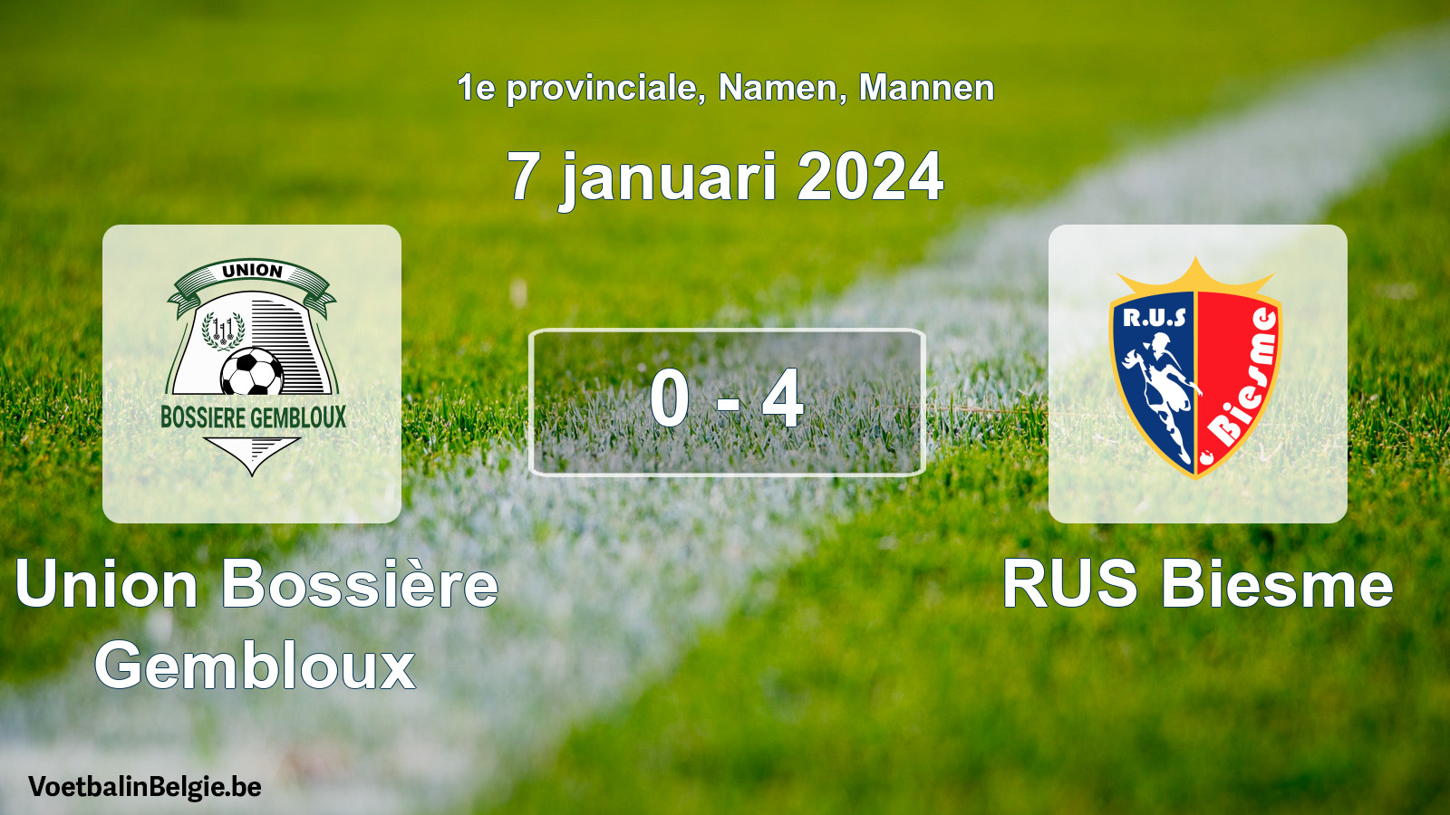 Gespeelde wedstrijd mannenvoetbal: Union Bossière Gembloux - RUS Biesme 0 - 4 (7 januari 2024)