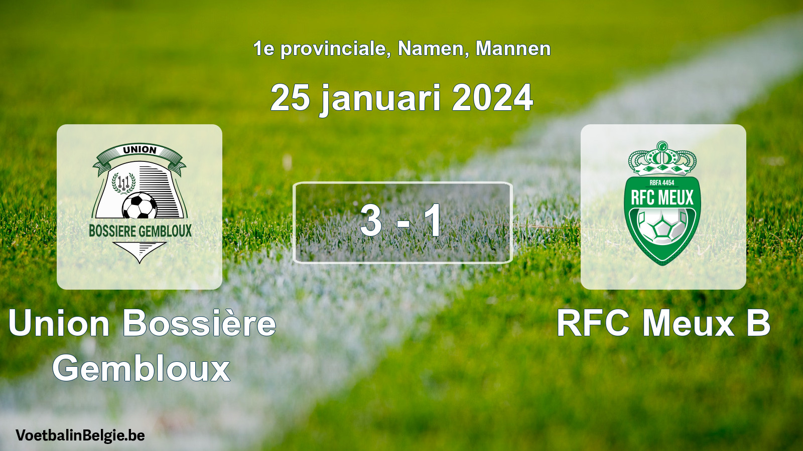 Gespeelde wedstrijd mannenvoetbal: Union Bossière Gembloux - RFC Meux B 3 - 1 (25 januari 2024)