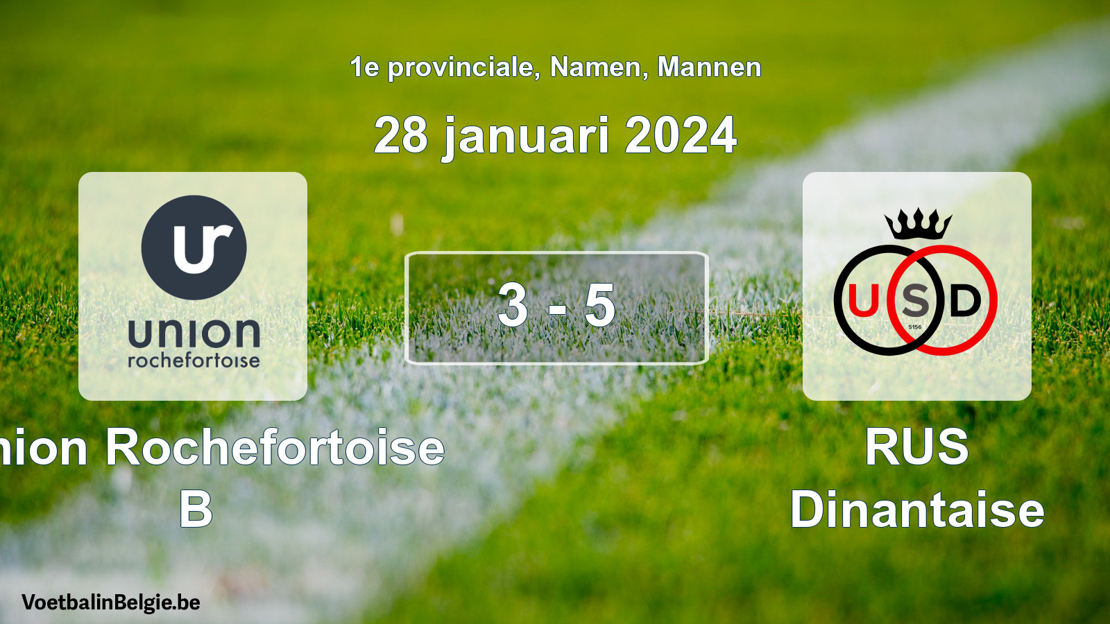 Gespeelde wedstrijd mannenvoetbal: Union Rochefortoise B - RUS Dinantaise 3 - 5 (28 januari 2024)