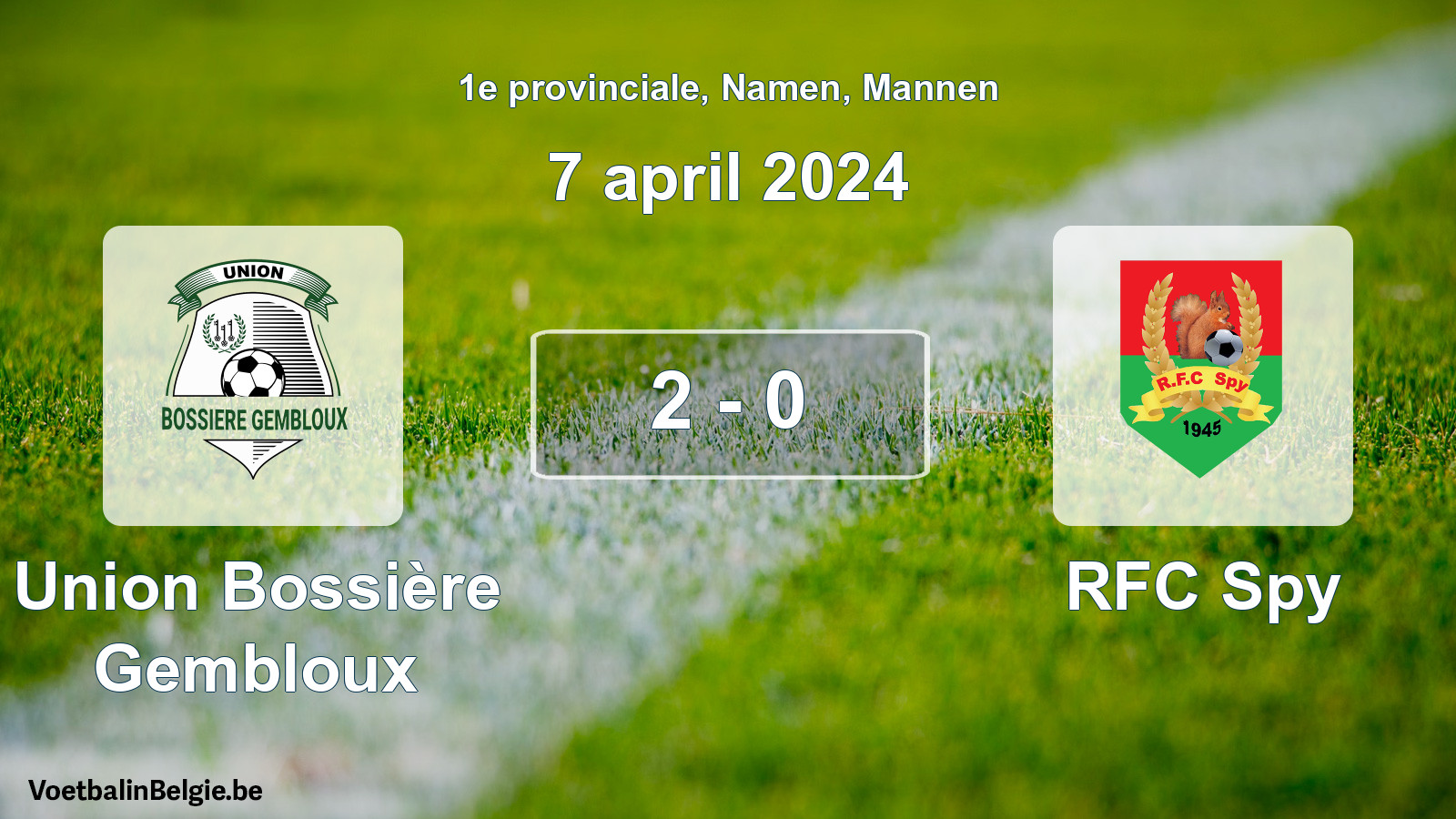 Gespeelde wedstrijd mannenvoetbal: Union Bossière Gembloux - RFC Spy 2 - 0 (7 april 2024)