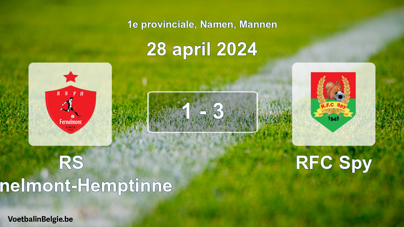 Gespeelde wedstrijd mannenvoetbal: RS Fernelmont-Hemptinne - RFC Spy 1 - 3 (28 april 2024)