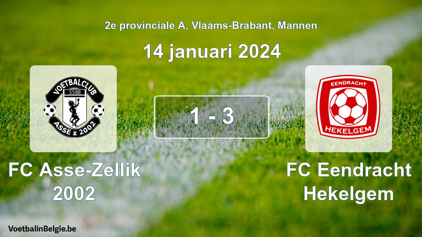 Gespeelde wedstrijd mannenvoetbal: FC Asse-Zellik 2002 - FC Eendracht Hekelgem 1 - 3 (14 januari 2024)