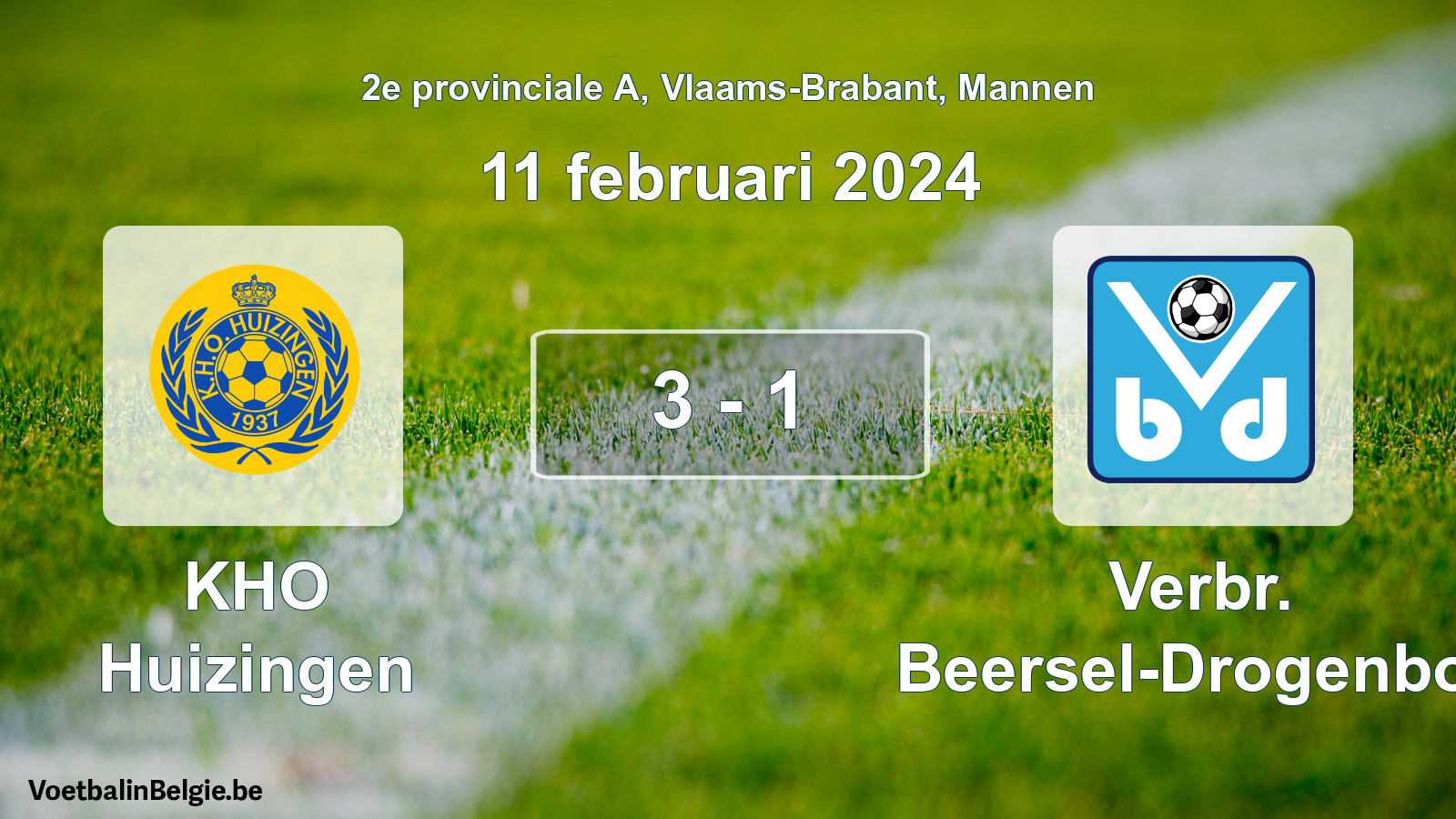 Gespeelde wedstrijd mannenvoetbal: KHO Huizingen - Verbr. Beersel-Drogenbos 3 - 1 (11 februari 2024)