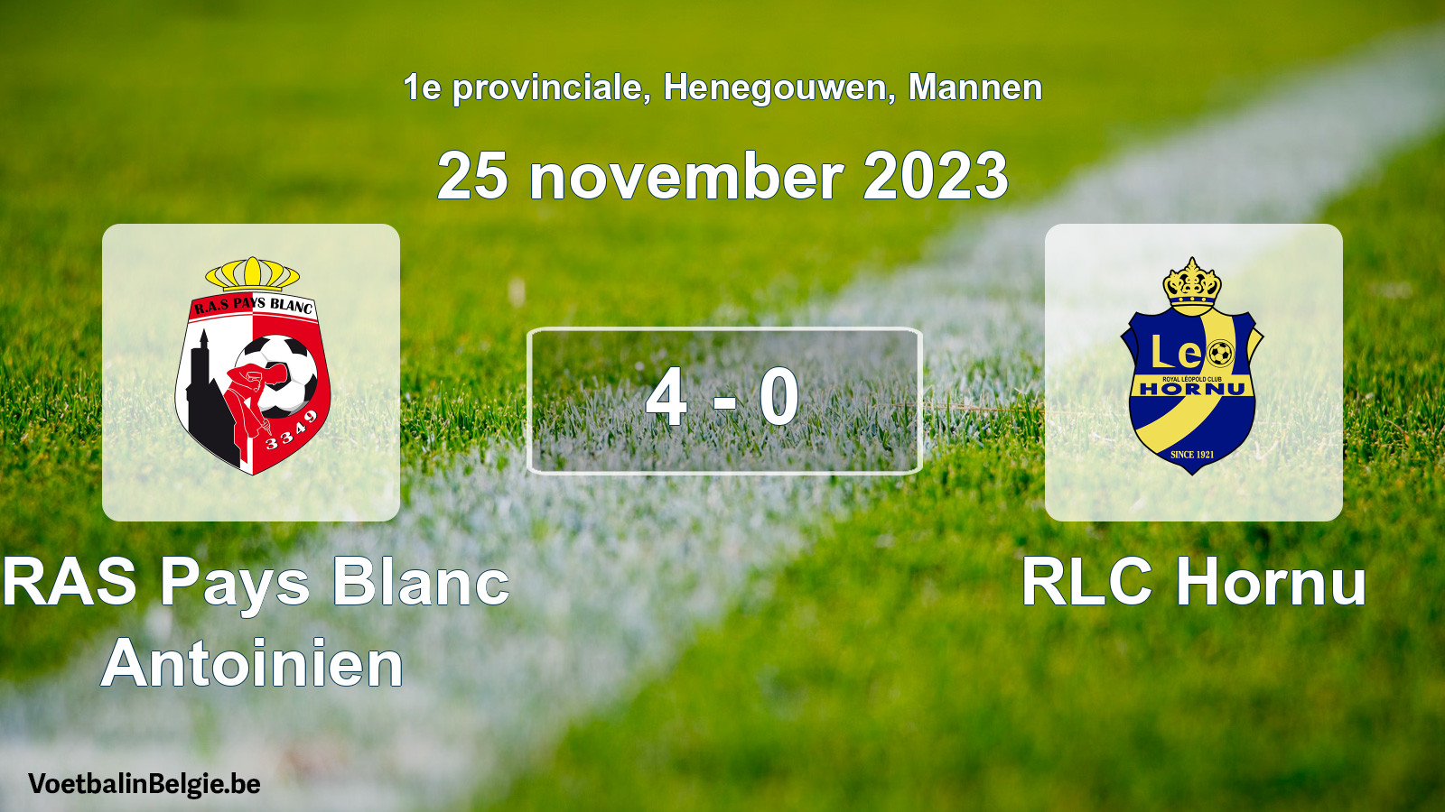 Gespeelde wedstrijd mannenvoetbal: RAS Pays Blanc Antoinien - RLC Hornu 4 - 0 (25 november 2023)