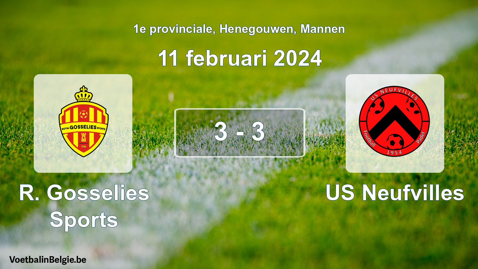 Gespeelde wedstrijd mannenvoetbal: R. Gosselies Sports - US Neufvilles 3 - 3 (11 februari 2024)