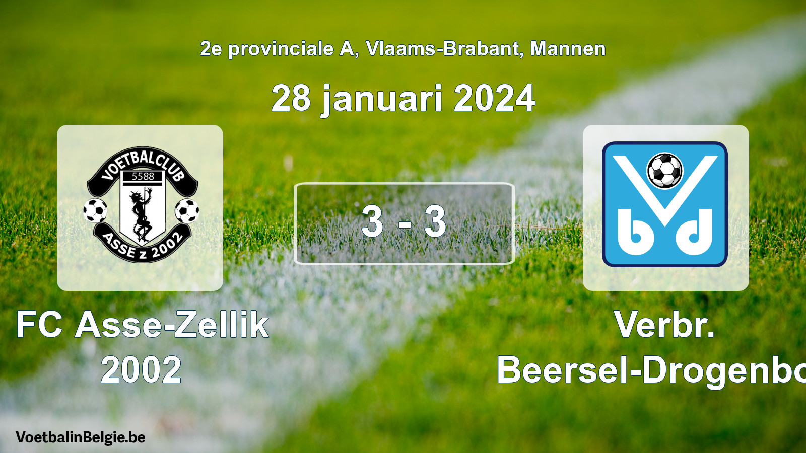 Gespeelde wedstrijd mannenvoetbal: FC Asse-Zellik 2002 - Verbr. Beersel-Drogenbos 3 - 3 (28 januari 2024)