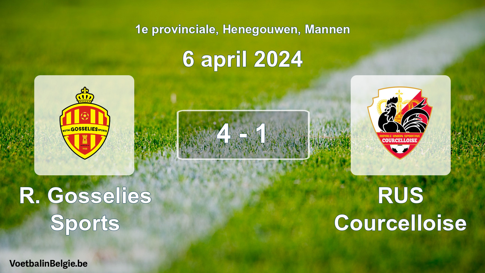 Gespeelde wedstrijd mannenvoetbal: R. Gosselies Sports - RUS Courcelloise 4 - 1 (6 april 2024)